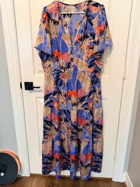 NIC+ZOE Blue Floral Maxi Dress with Red and Tan Accents
